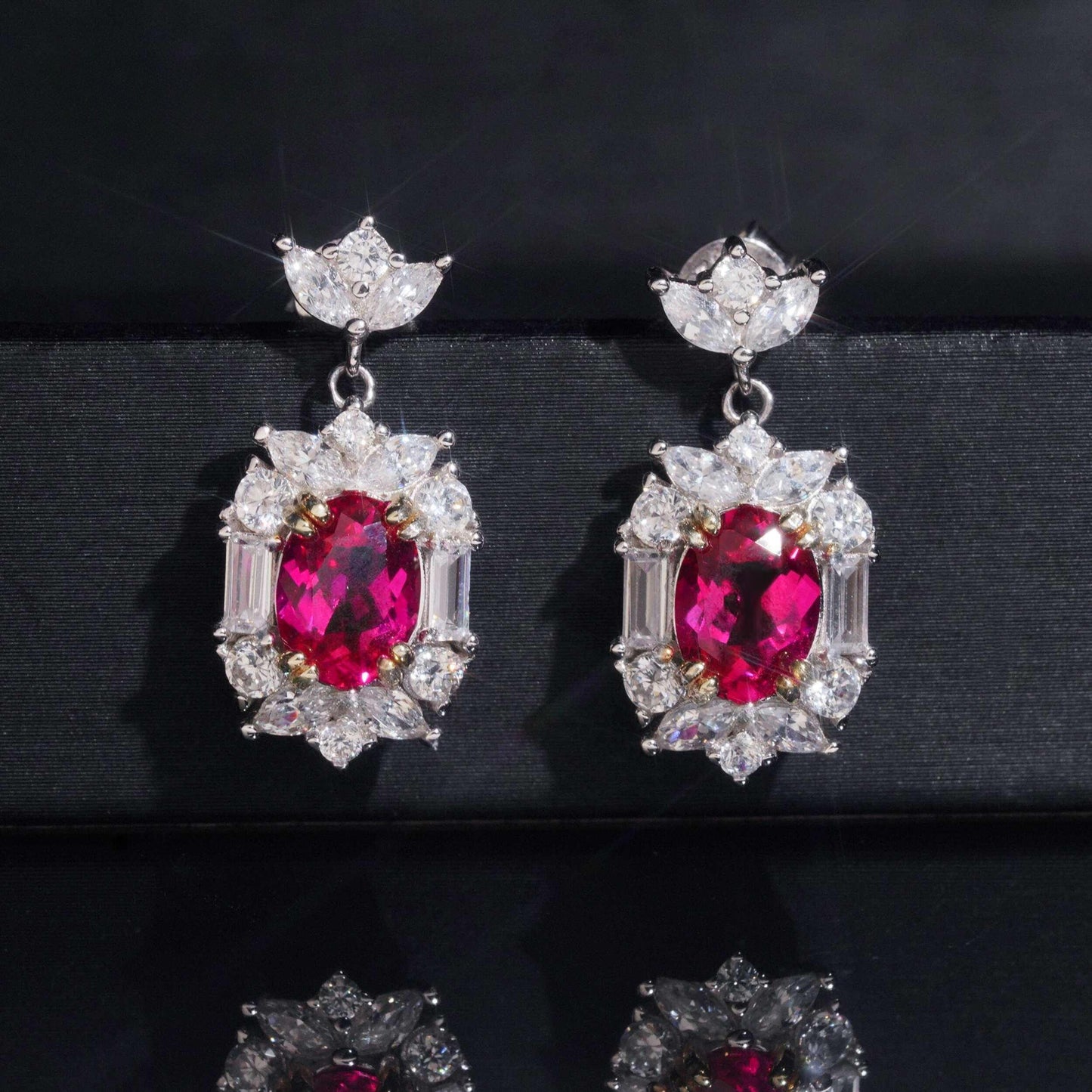 .925 SILVER MULTI CUT VIVID RED RADIANT HALO MOISSANITE  DROP EARRING VTER3006
