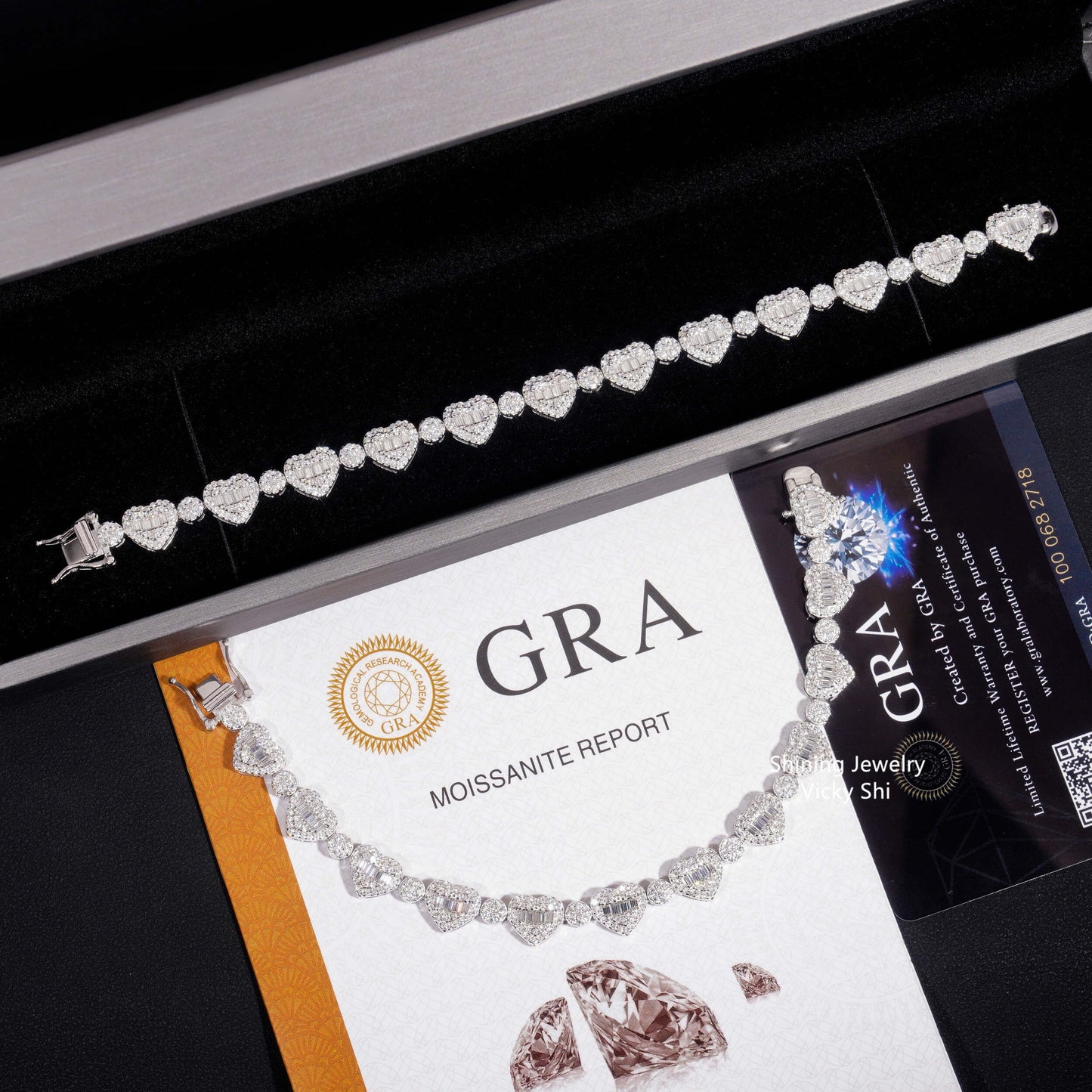 .925 SILVER HEARTS BAGUETTE CUT MOISSANITE BRACELET VTBL5004