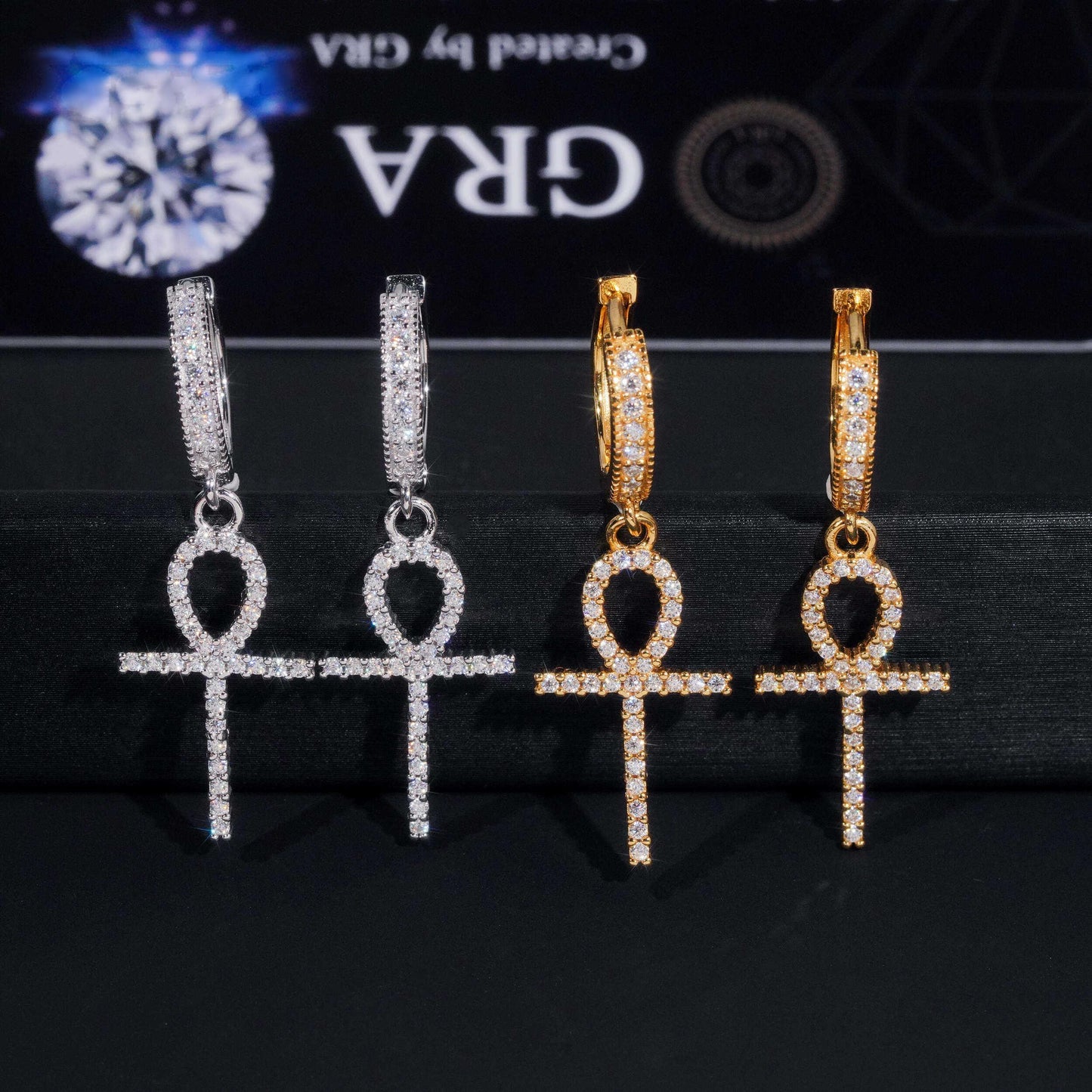 .925 SILVER ANKH CHARMS MOISSANITE HOOP EARRING VTER1006