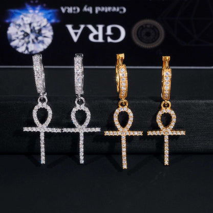 .925 SILVER ANKH CHARMS MOISSANITE HOOP EARRING VTER1006