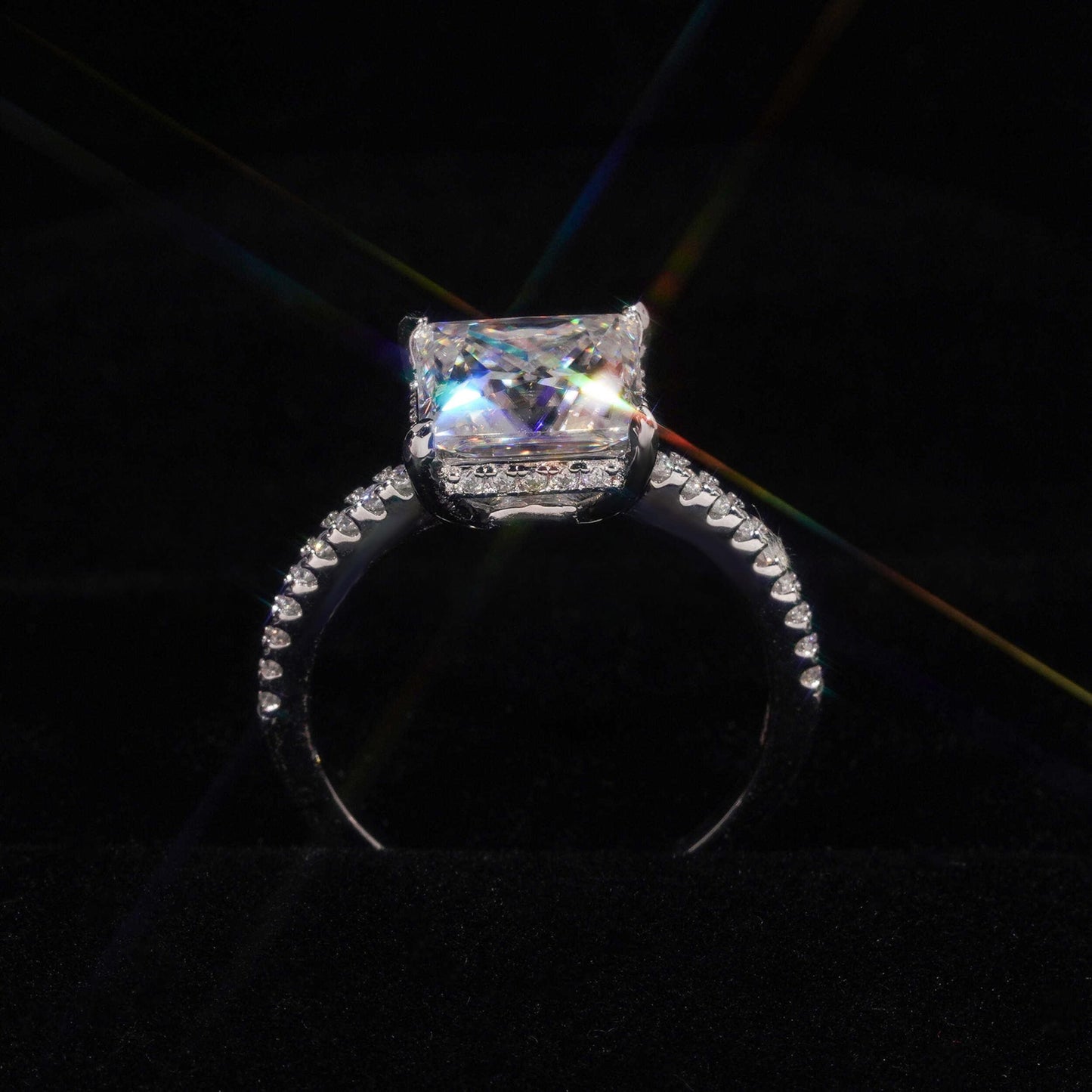 .925 SILVER PRINCESS CUT MOISSANITE ENGAGEMENT RING WITH PAVE BAND VTRG1015