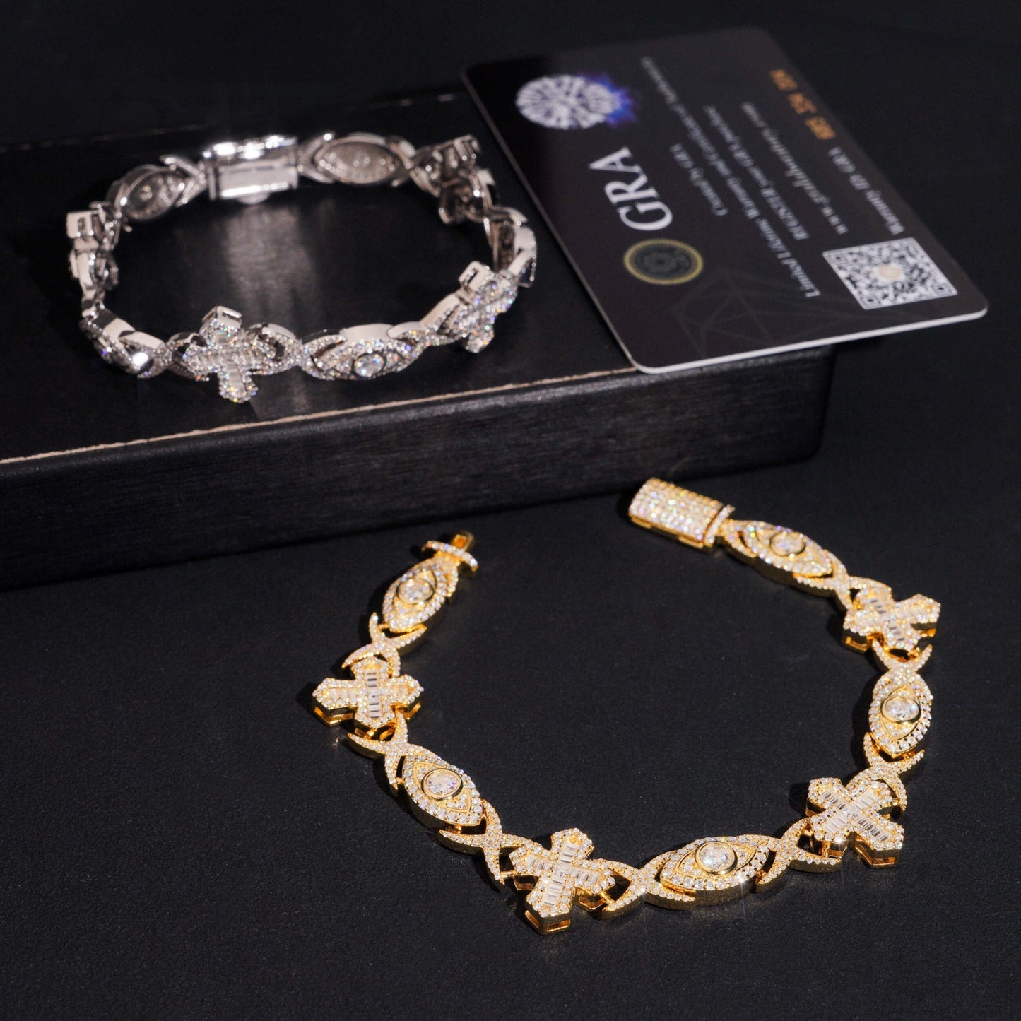 .925 SILVER CROSS & EYE LINK MOISSANITE CUBAN CHAIN PAVÉ & BEZEL SETTINGS 14MM VTNL0019