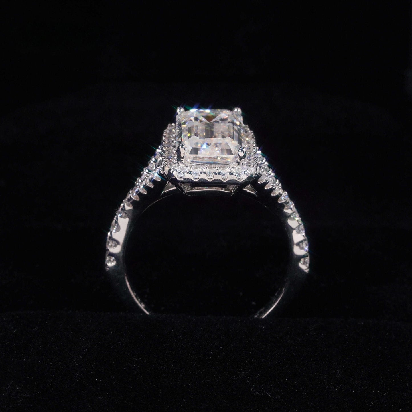 .925 SILVER HALO EMERALD CUT MOISSANITE ENGAGEMENT RING VTRG1013