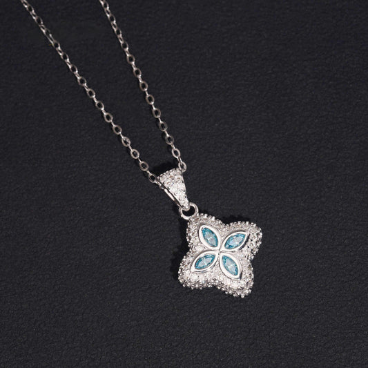 .925 SILVER CLOVER-SHAPED MARQUISE CUT BLUE MOISSANITE PENDANT VTNL3003
