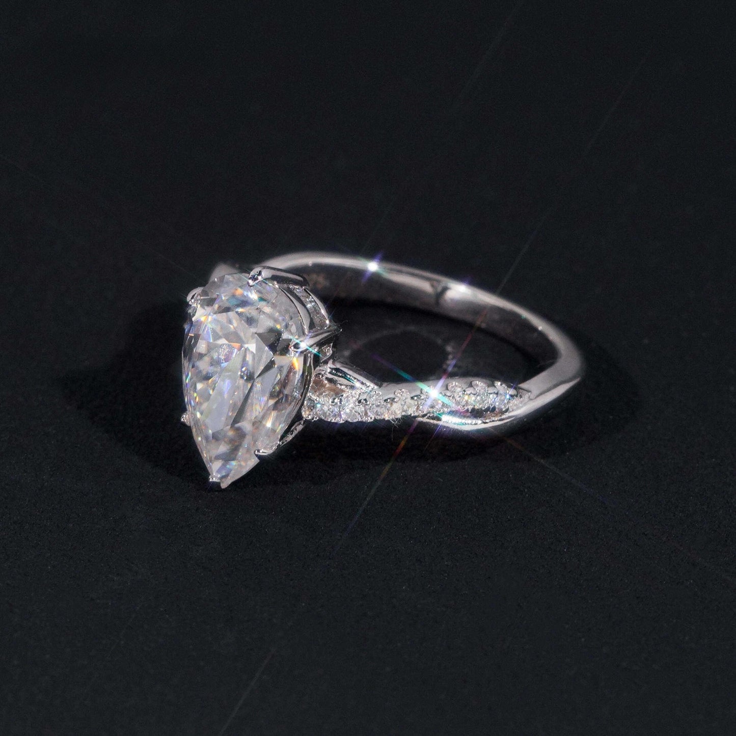 .925 SILVER 3CT PEAR CUT MOISSANITE ENGAGEMENT RING WITH PAVE BAND VTRG1018