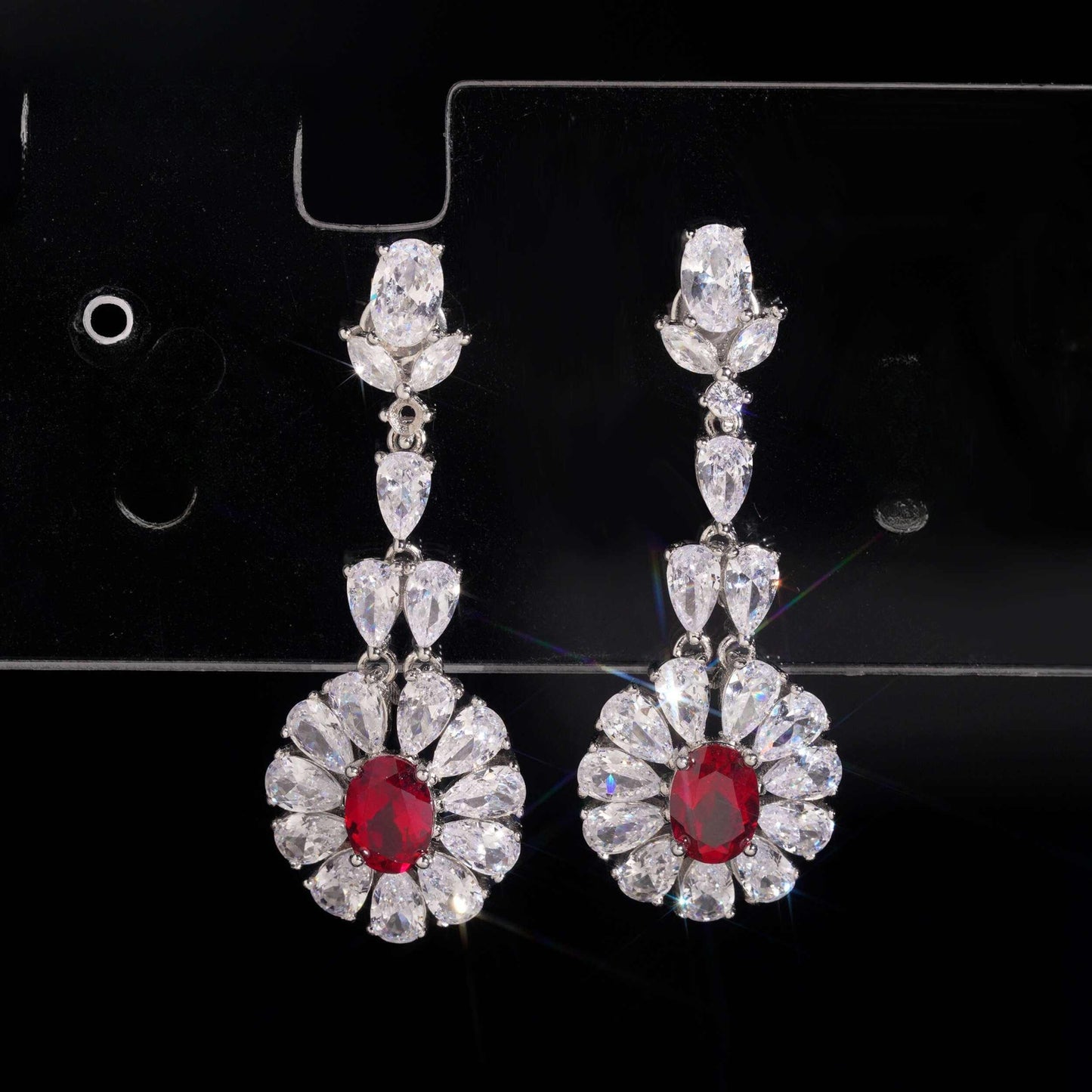 .925 SILVER MULTI CUT RADIANT FLORAL HALO RUBY COLOR MOISSANITE  DROP EARRING VTER3003