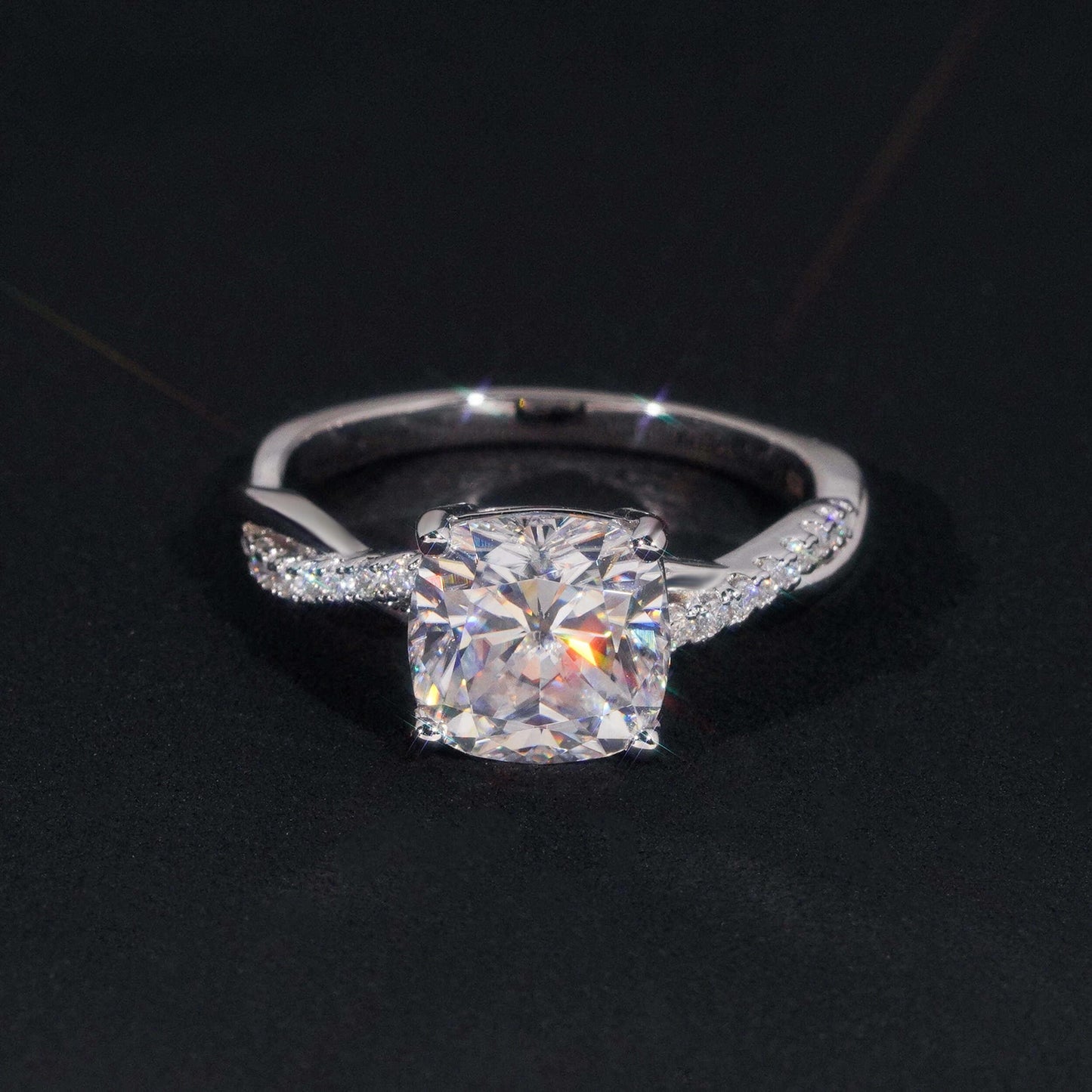 .925 SILVER 3CT CUSHION CUT MOISSANITE ENGAGEMENT RING WITH PAVE BAND VTRG1019
