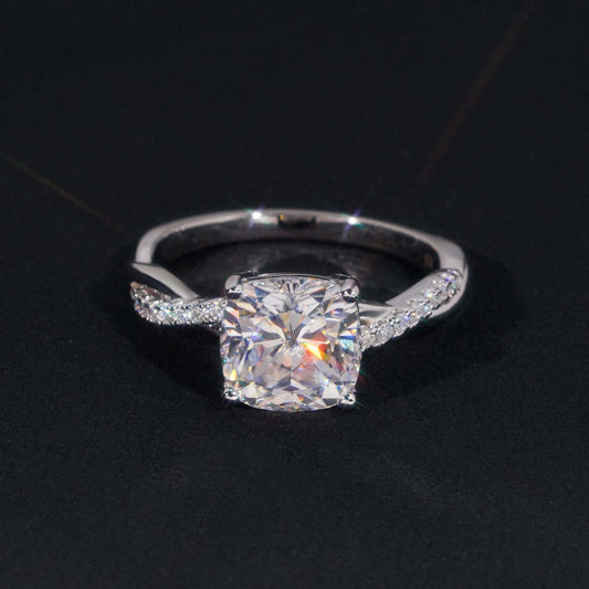 .925 SILVER 3CT CUSHION CUT MOISSANITE ENGAGEMENT RING WITH PAVE BAND VTRG1019