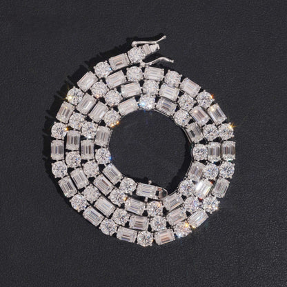 .925 SILVER MIXED ROUND-EMERALD CUT MOISSANITE TENNIS CHAIN VTNL1006