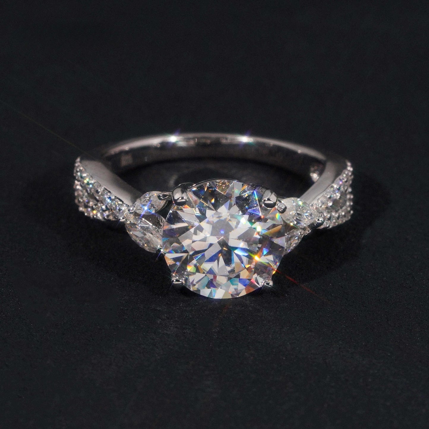 .925 SILVER ROUND BRILLIANT CUT MOISSANITE ENGAGEMENT RING WITH MARQUISE SIDE STONES VTRG1011