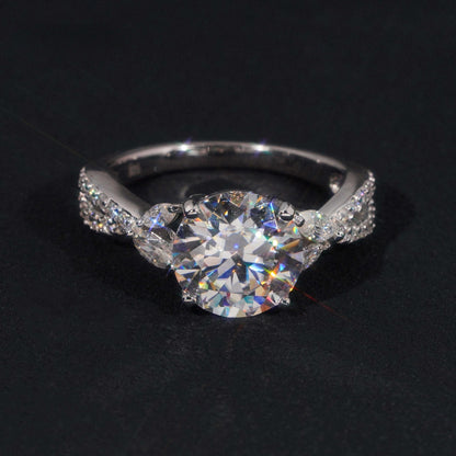 .925 SILVER ROUND BRILLIANT CUT MOISSANITE ENGAGEMENT RING WITH MARQUISE SIDE STONES VTRG1011