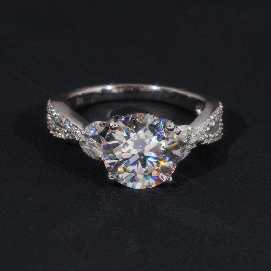 .925 SILVER ROUND BRILLIANT CUT MOISSANITE ENGAGEMENT RING WITH MARQUISE SIDE STONES VTRG1011
