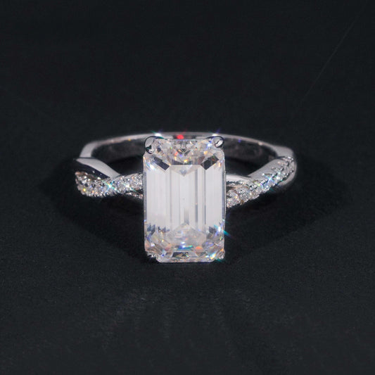 .925 SILVER EMERALD CUT MOISSANITE ENGAGEMENT RING WITH PAVE BAND VTRG1017