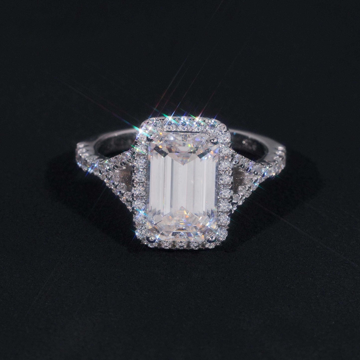 .925 SILVER HALO EMERALD CUT MOISSANITE ENGAGEMENT RING VTRG1013