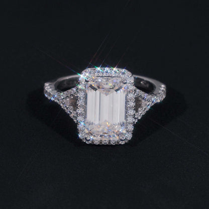 .925 SILVER HALO EMERALD CUT MOISSANITE ENGAGEMENT RING VTRG1013