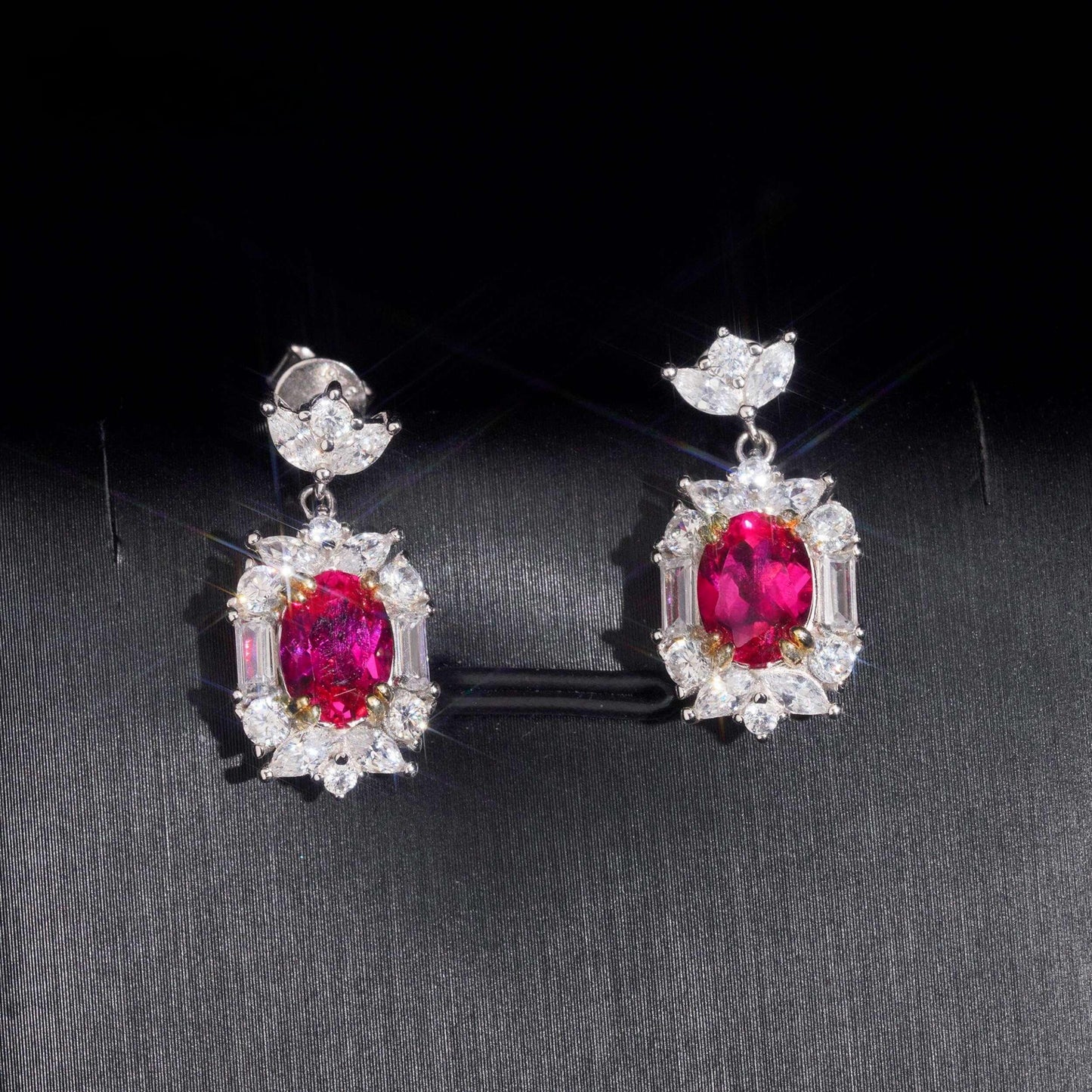 .925 SILVER MULTI CUT VIVID RED RADIANT HALO MOISSANITE  DROP EARRING VTER3006