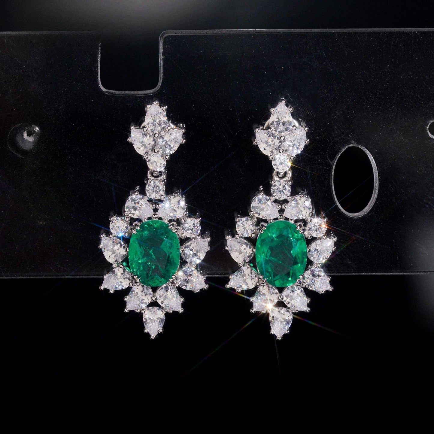 .925 SILVER MULTI CUT RADIANT HALO EMERALD COLOR MOISSANITE  DROP EARRING VTER3004