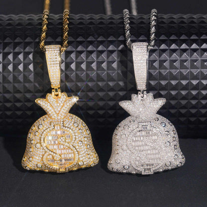 .925 SILVER MONEY BAG ROUND AND BAGUETTE CUT MOISSANITE PENDANT VTPT0008