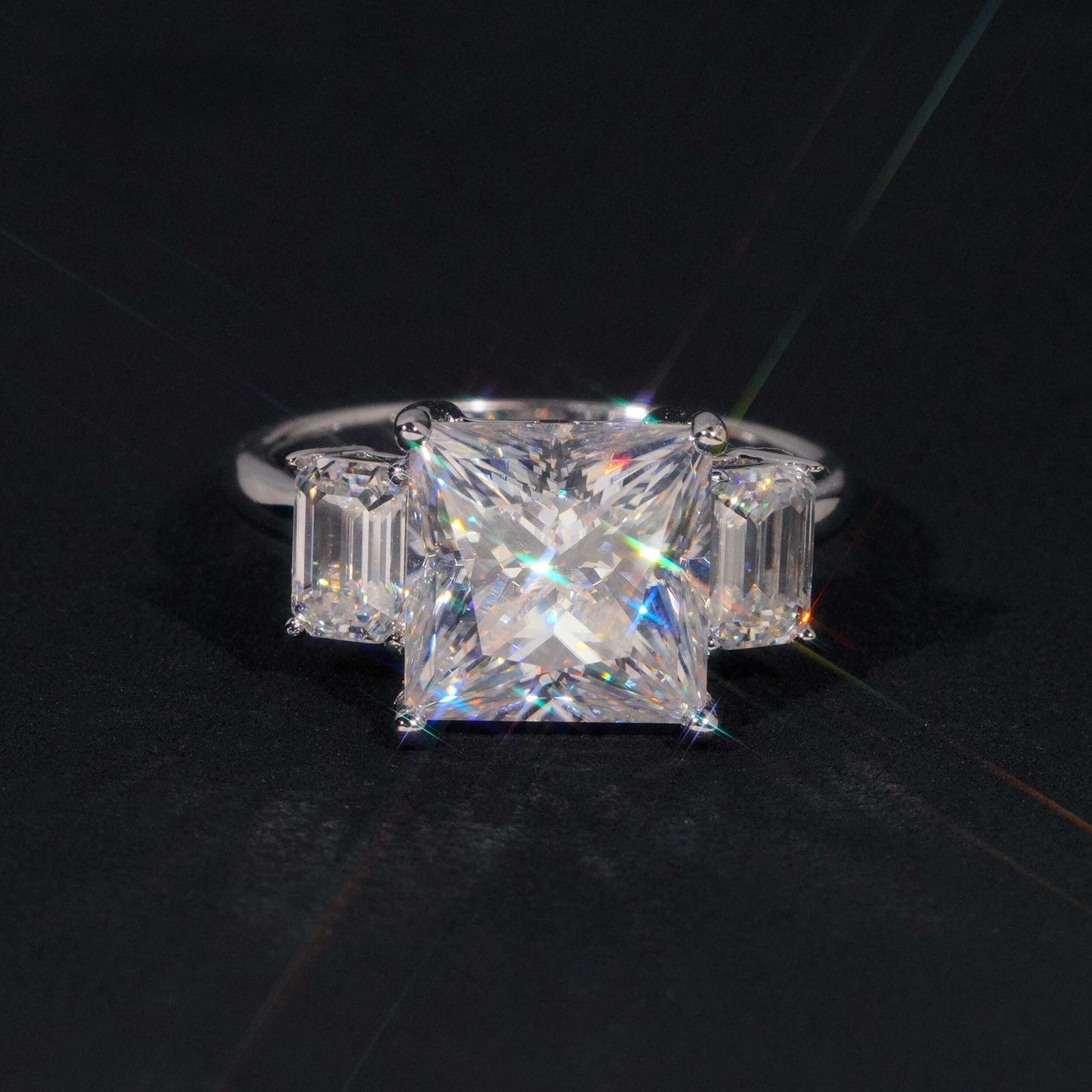 .925 SILVER PRINCESS CUT MOISSANITE ENGAGEMENT RING WITH SIDE EMERALD STONES VTRG1021