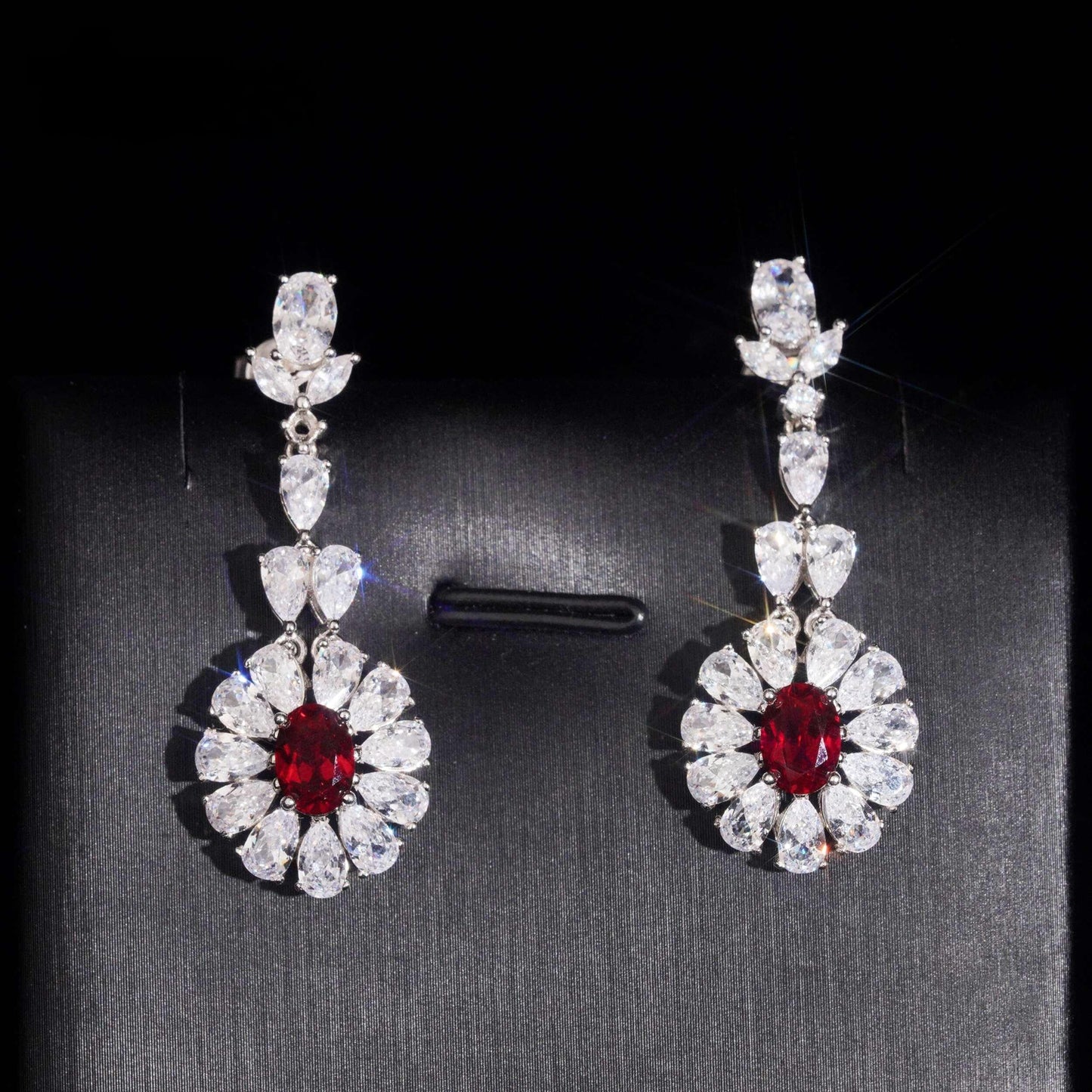 .925 SILVER MULTI CUT RADIANT FLORAL HALO RUBY COLOR MOISSANITE  DROP EARRING VTER3003