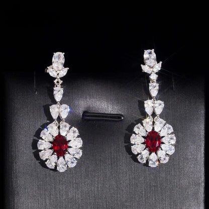 .925 SILVER MULTI CUT RADIANT FLORAL HALO RUBY COLOR MOISSANITE  DROP EARRING VTER3003