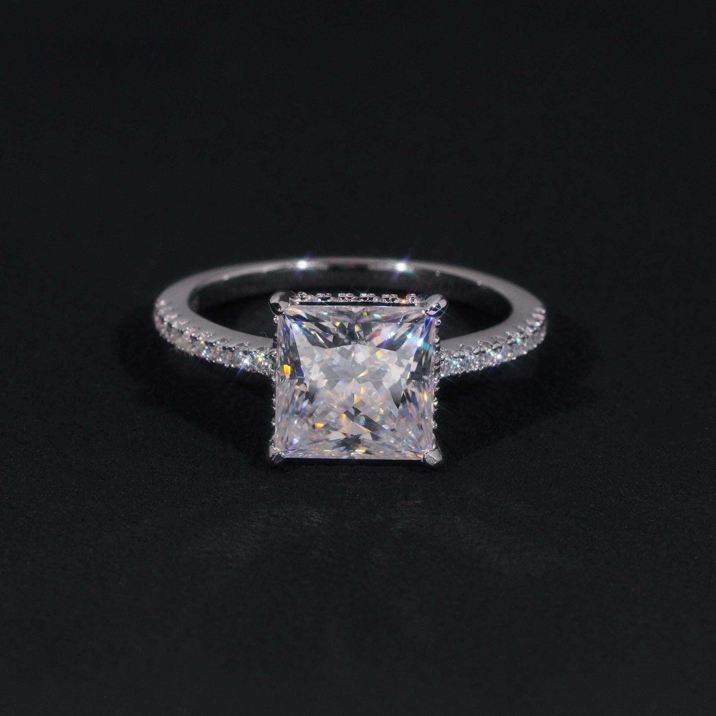 .925 SILVER PRINCESS CUT MOISSANITE ENGAGEMENT RING WITH PAVE BAND VTRG1015