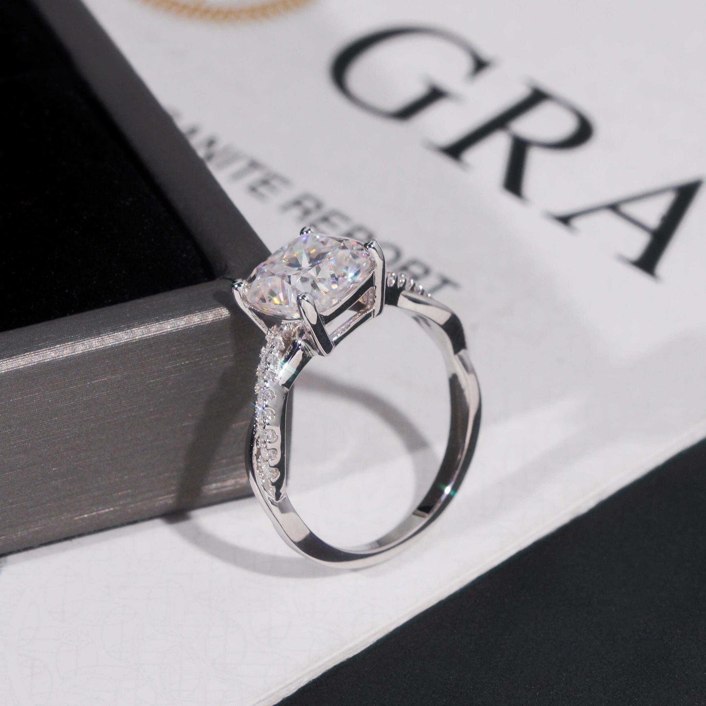 .925 SILVER 3CT CUSHION CUT MOISSANITE ENGAGEMENT RING WITH PAVE BAND VTRG1019