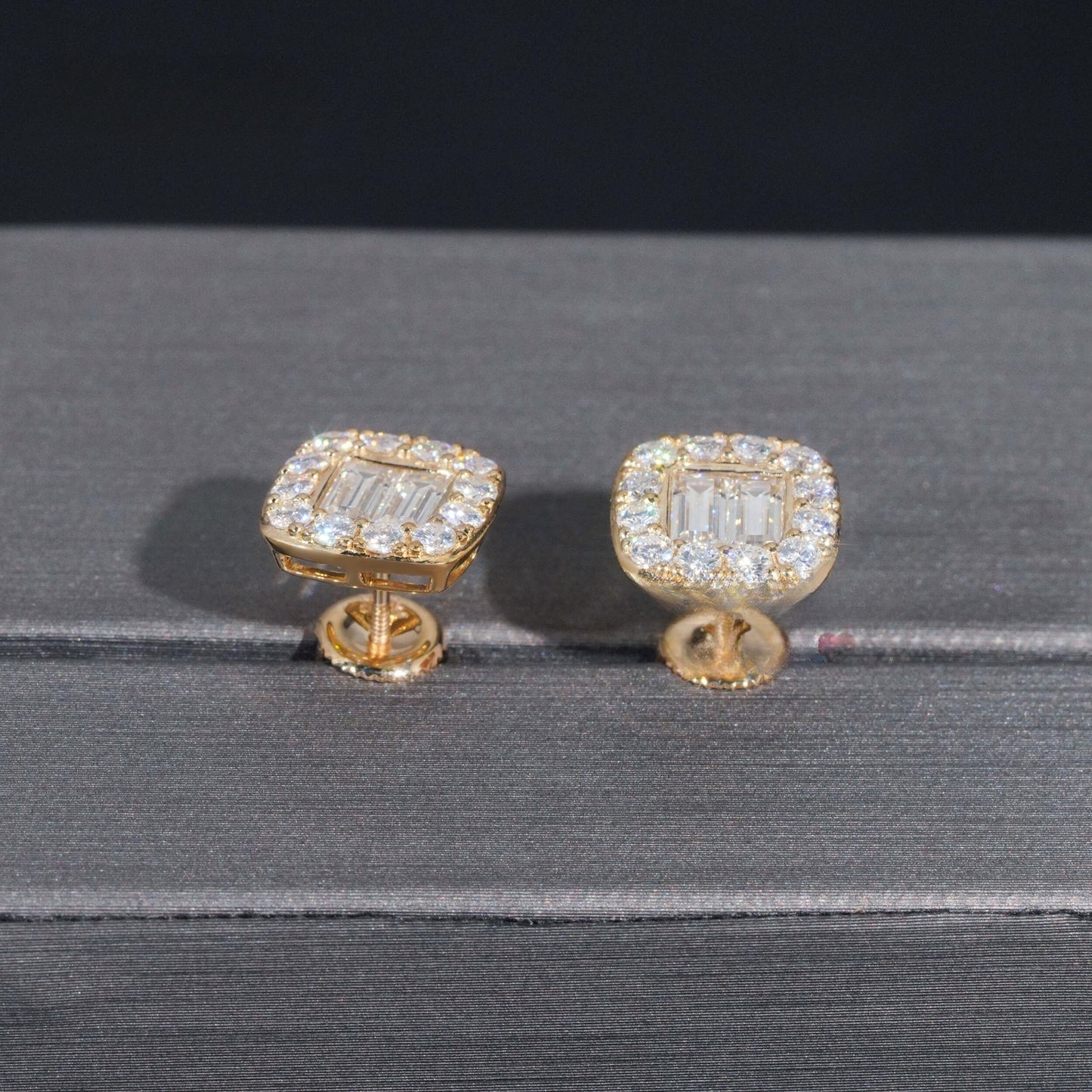10K GOLD BAGUETTE CUT HALO MOISSANITE STUD EARRING VTER1014