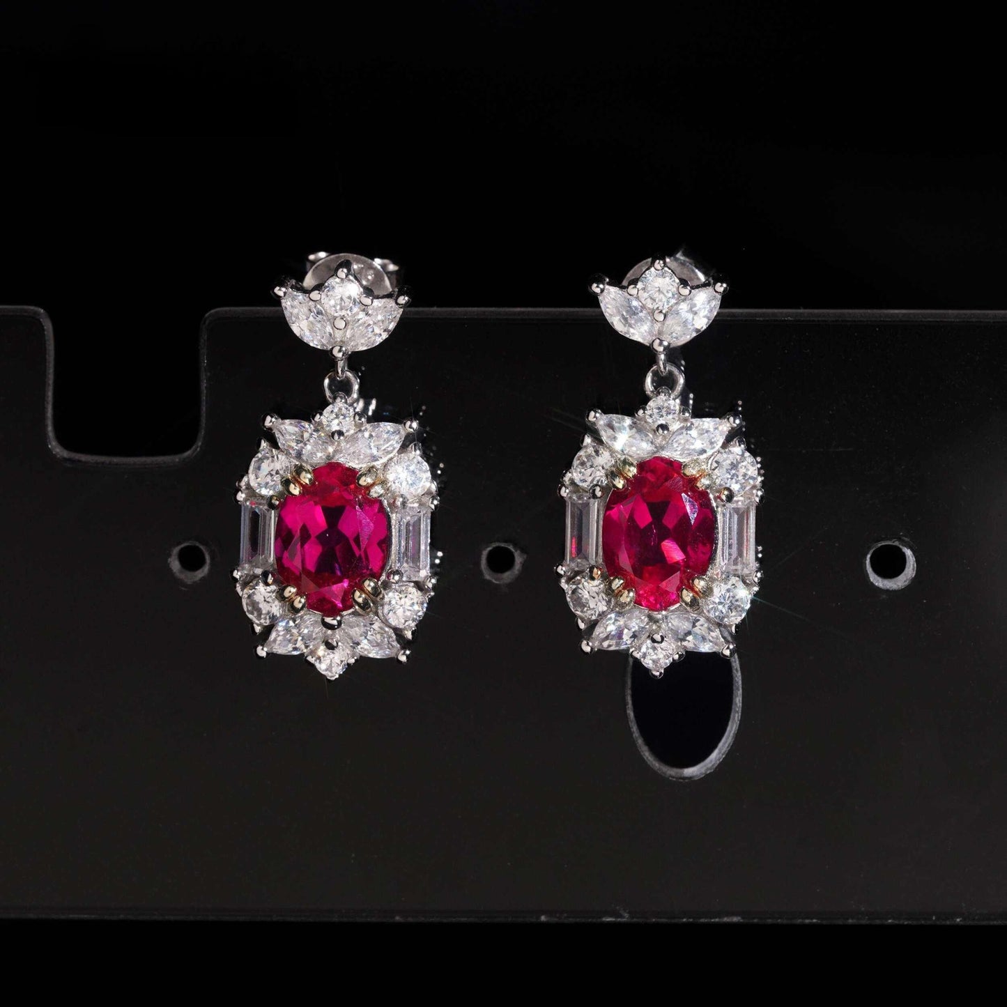.925 SILVER MULTI CUT VIVID RED RADIANT HALO MOISSANITE  DROP EARRING VTER3006