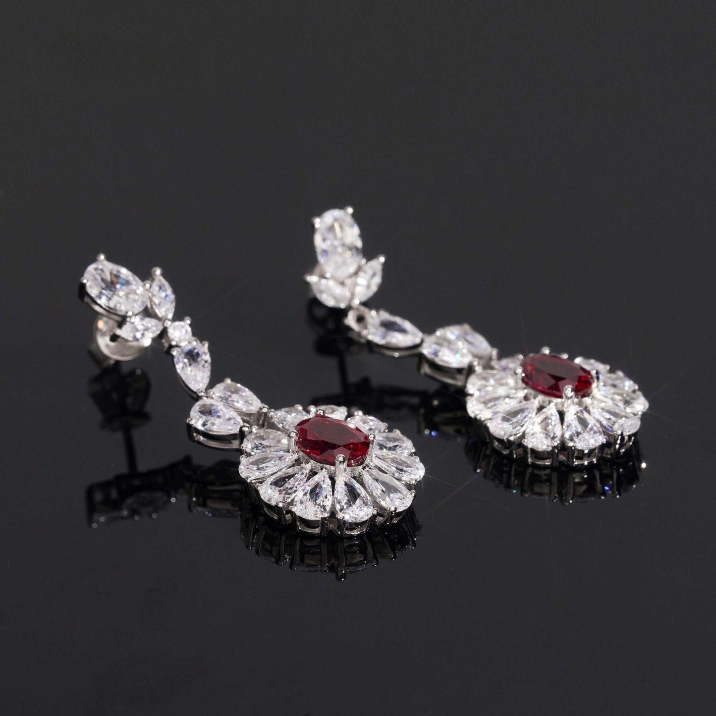 .925 SILVER MULTI CUT RADIANT FLORAL HALO RUBY COLOR MOISSANITE  DROP EARRING VTER3003