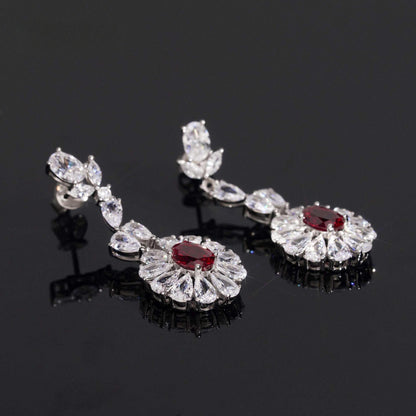 .925 SILVER MULTI CUT RADIANT FLORAL HALO RUBY COLOR MOISSANITE  DROP EARRING VTER3003