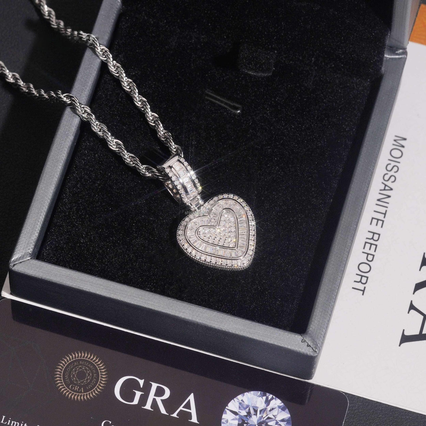 .925 SILVER ICED BAGUETTE MOISSANITE HEART PENDANT VTNL3005