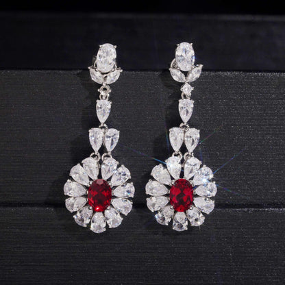 .925 SILVER MULTI CUT RADIANT FLORAL HALO RUBY COLOR MOISSANITE  DROP EARRING VTER3003