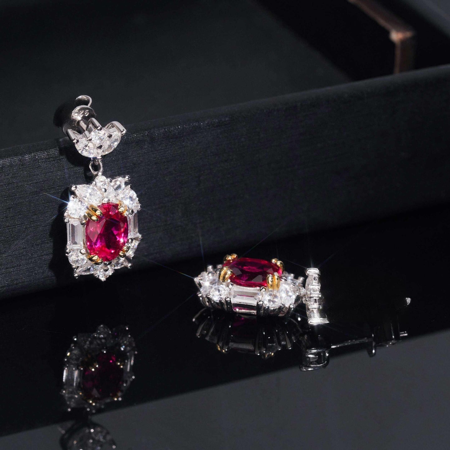 .925 SILVER MULTI CUT VIVID RED RADIANT HALO MOISSANITE  DROP EARRING VTER3006