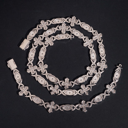 .925 SILVER CROSS & EYE LINK MOISSANITE CUBAN CHAIN PAVÉ & BEZEL SETTINGS 14MM VTNL0019