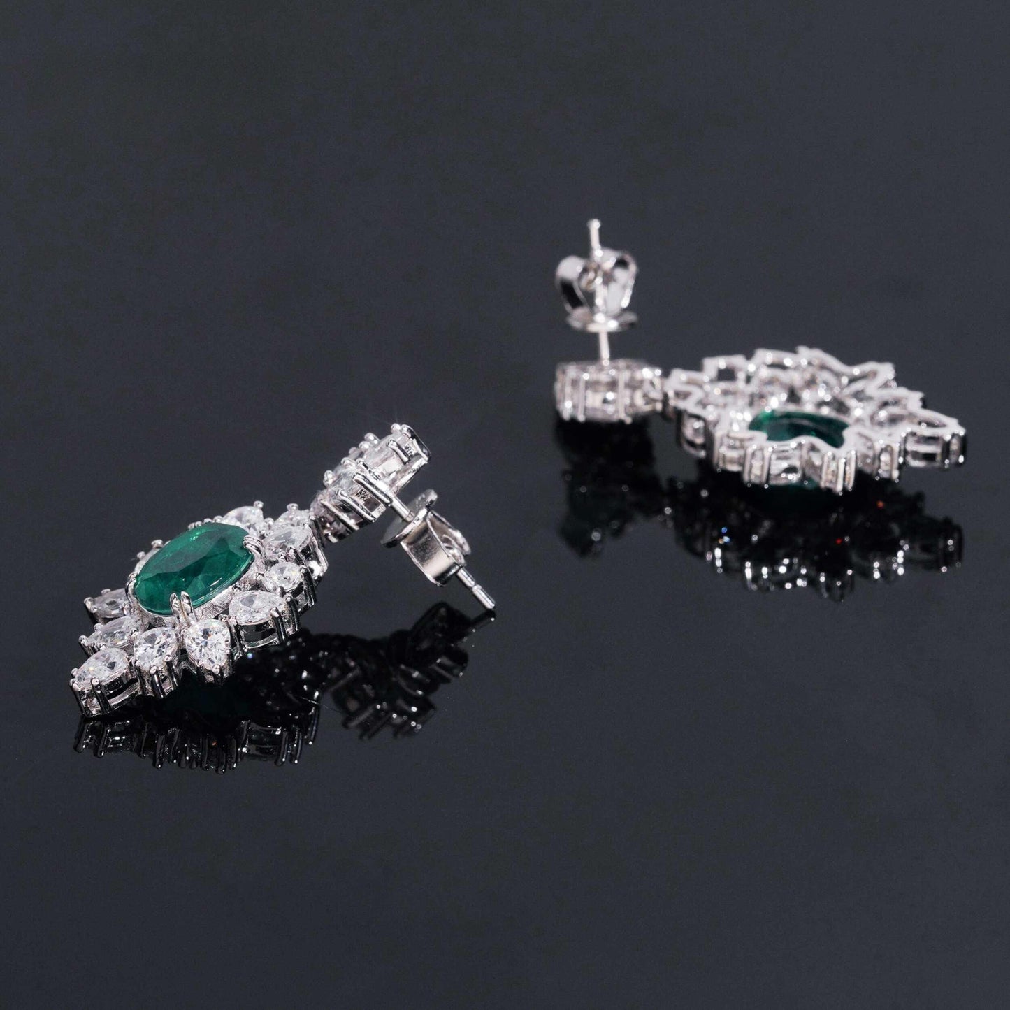 .925 SILVER MULTI CUT RADIANT HALO EMERALD COLOR MOISSANITE  DROP EARRING VTER3004