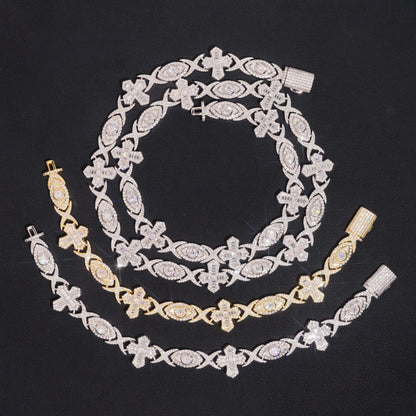 .925 SILVER CROSS & EYE LINK MOISSANITE CUBAN CHAIN PAVÉ & BEZEL SETTINGS 14MM VTNL0019