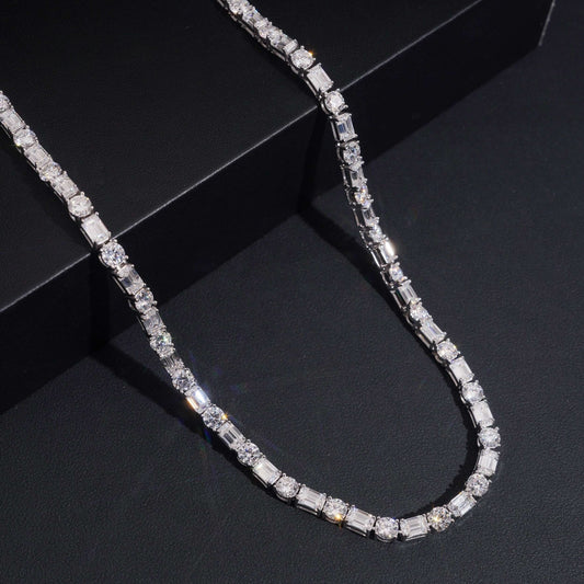 .925 SILVER MIXED ROUND-EMERALD CUT MOISSANITE TENNIS CHAIN VTNL1006