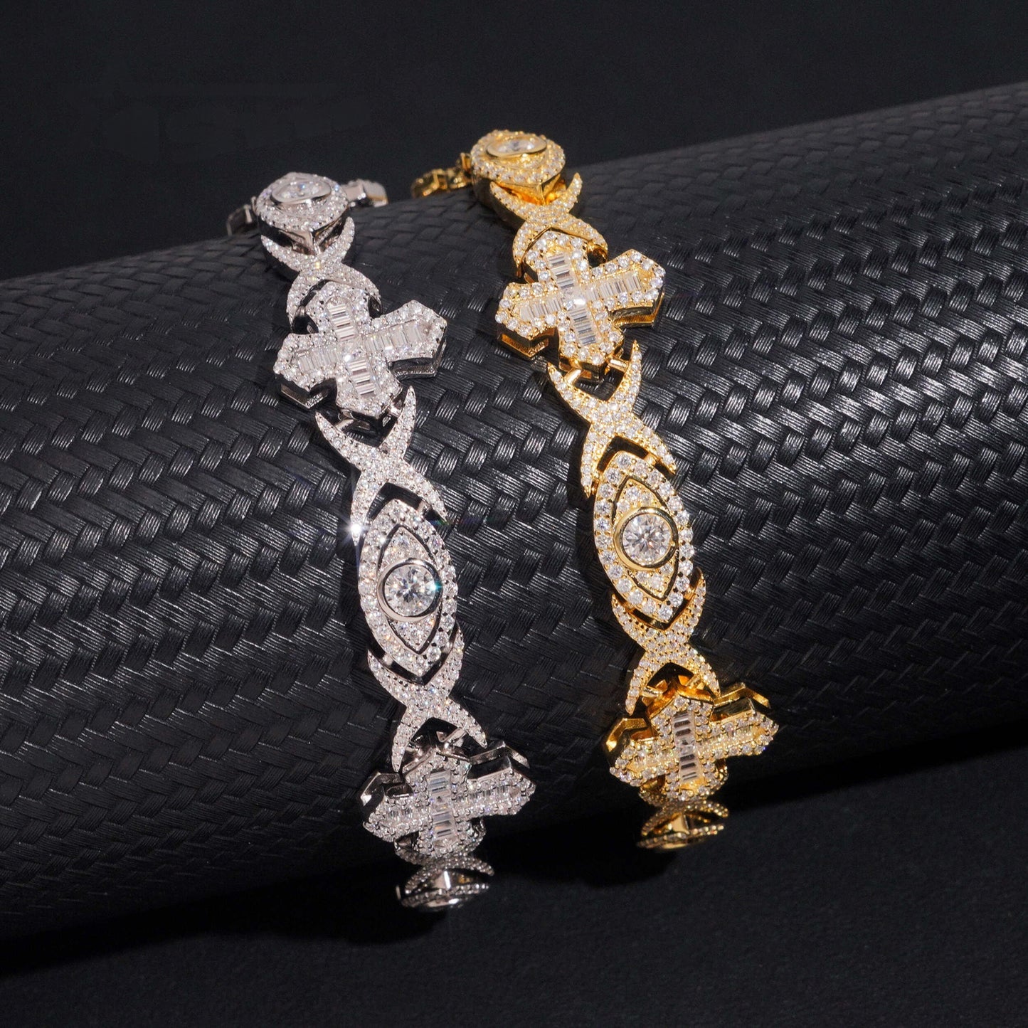 .925 SILVER CROSS & EYE LINK MOISSANITE CUBAN CHAIN PAVÉ & BEZEL SETTINGS 14MM VTNL0019