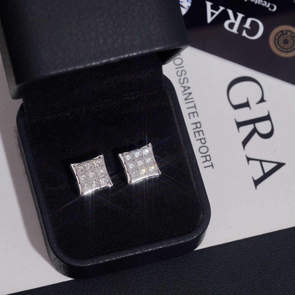 .925 SILVER SQUARE STUD EARRINGS PRINCESS CUT MOISSANITE PAVÉ SETTINGS 10MM VTER1022