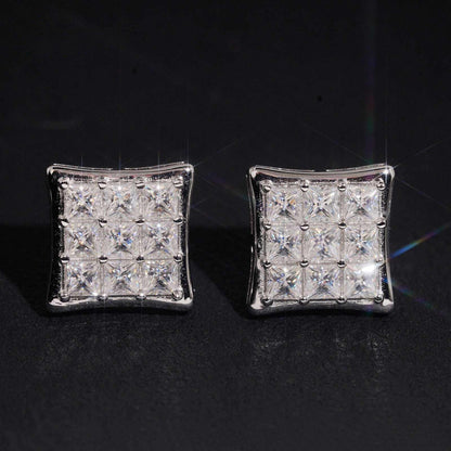 .925 SILVER SQUARE STUD EARRINGS PRINCESS CUT MOISSANITE PAVÉ SETTINGS 10MM VTER1022