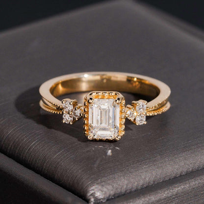 14K GOLD EMERALD CUT WITH ROUND SIDE STONES LAB GROWN DIAMOND ENGAGEMENT RING VTRG1029