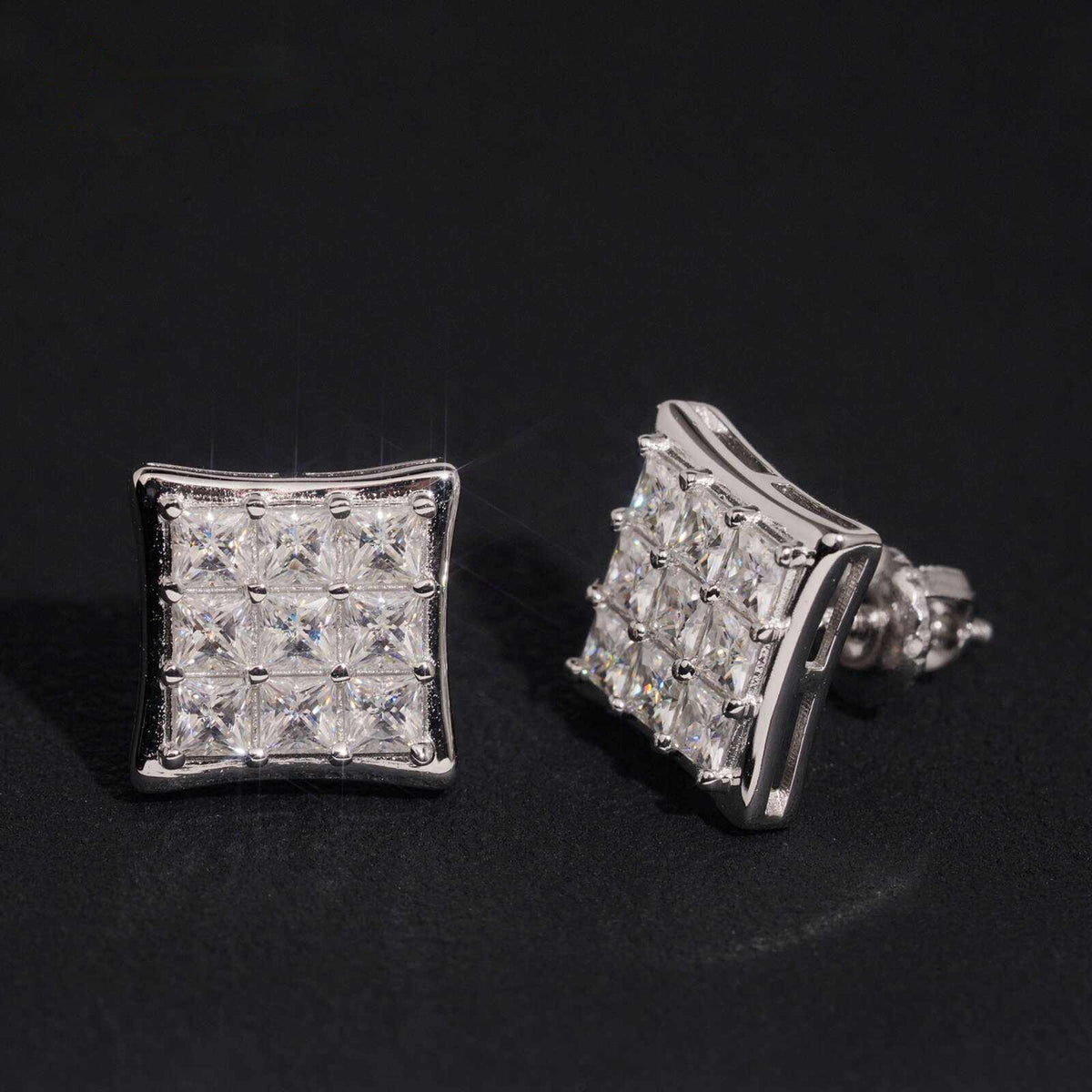.925 SILVER SQUARE STUD EARRINGS PRINCESS CUT MOISSANITE PAVÉ SETTINGS 10MM VTER1022