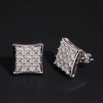 .925 SILVER SQUARE STUD EARRINGS PRINCESS CUT MOISSANITE PAVÉ SETTINGS 10MM VTER1022