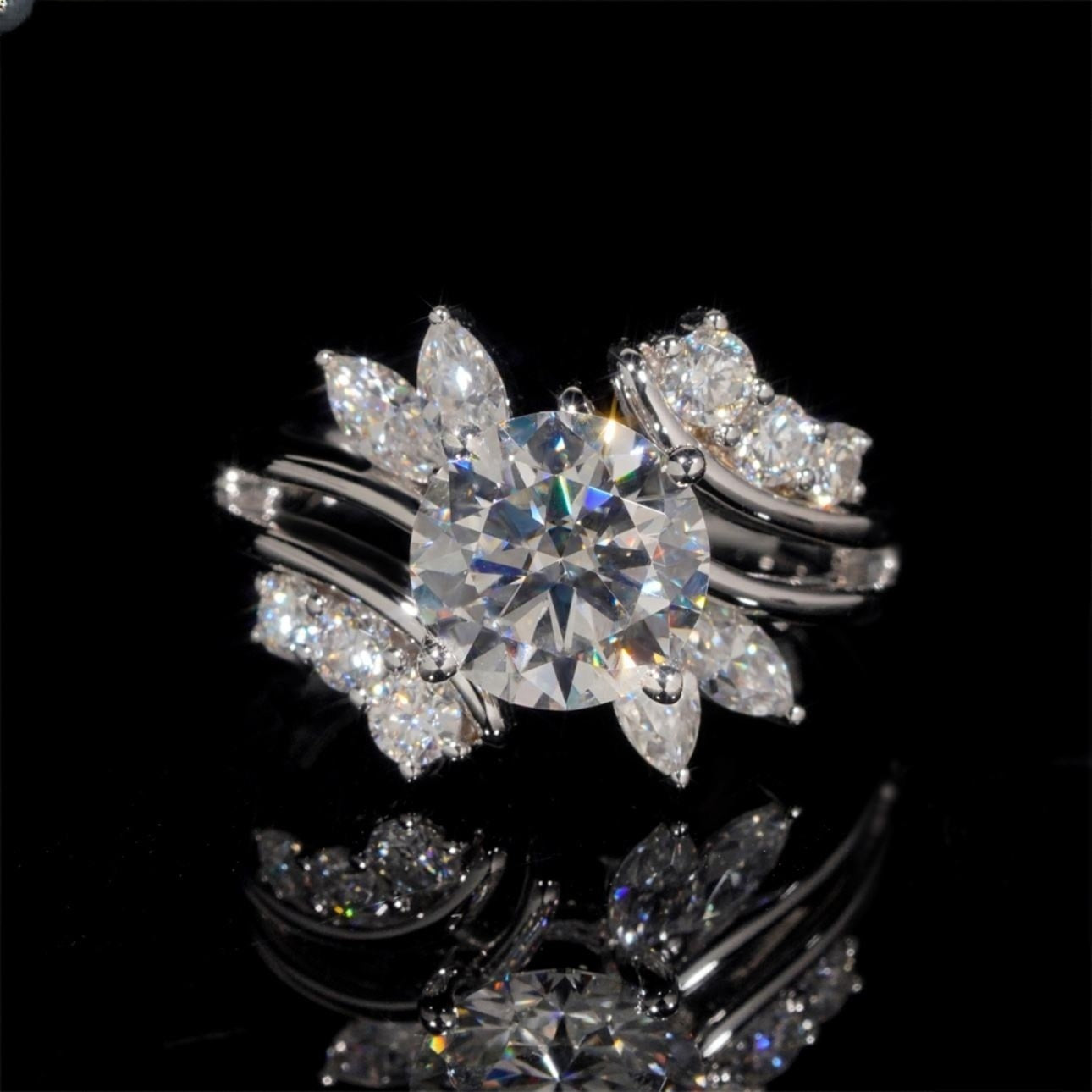 14K GOLD ROUND AND MARQUISE CUT MOISSANITE FLOWER INSPIRED ENGAGEMENT RING VTRG1007