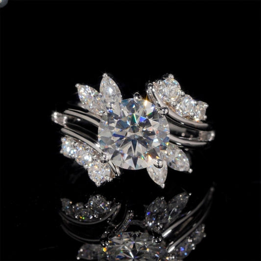 14K GOLD 2CT ROUND AND MARQUISE CUT MOISSANITE FLOWER INSPIRED ENGAGEMENT RING VTRG1007
