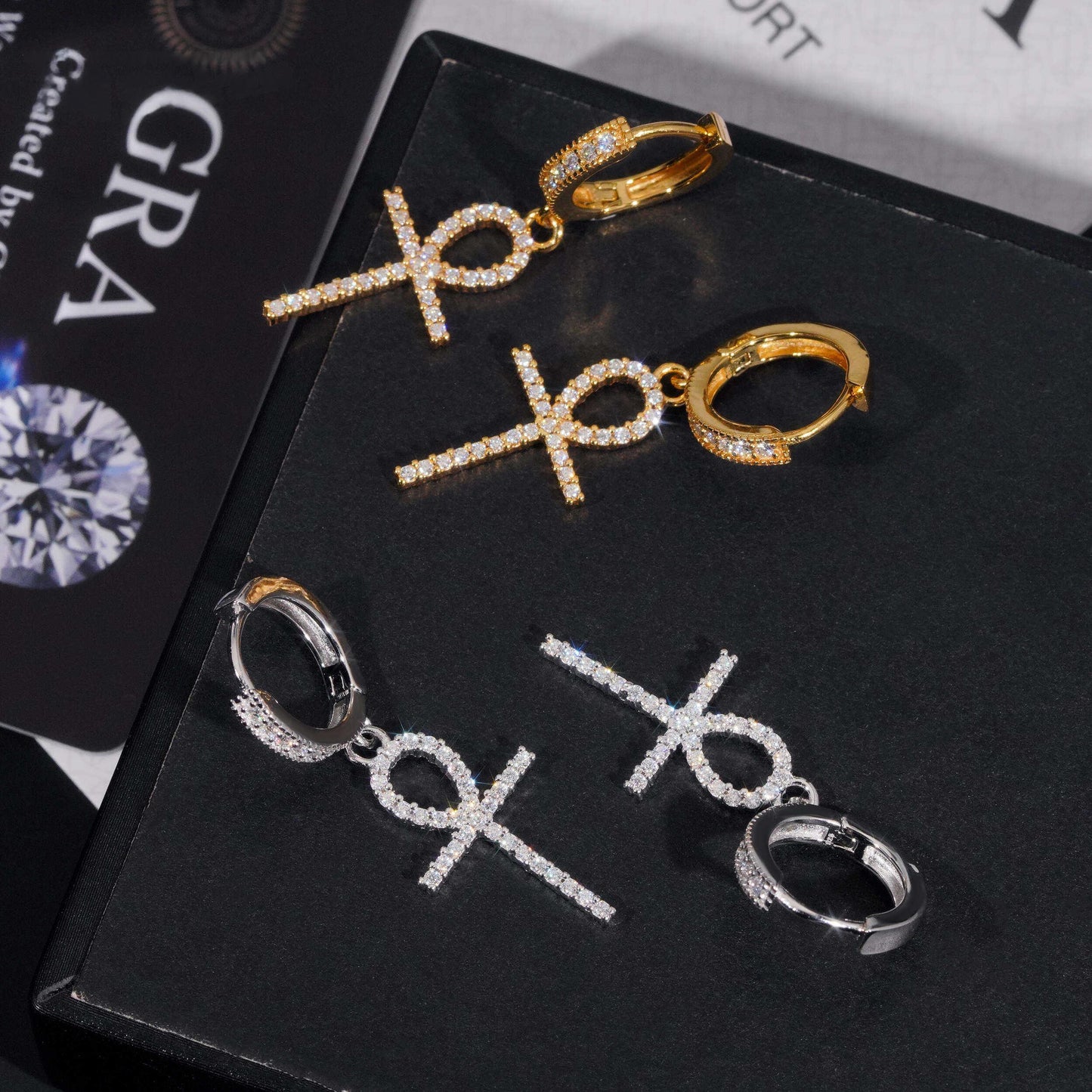 .925 SILVER ANKH CHARMS MOISSANITE HOOP EARRING VTER1006